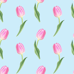 Obraz premium Pink tulips flowers with leaves. Seamless pattern on blue background. Hand drawn watercolor botanical illustration. For postcards, textiles, covers, wallpapers, design, decor, wrapping paper, clothing