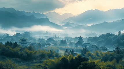 The distant view of the rolling Chinese buildings between the landscape. Generative AI.