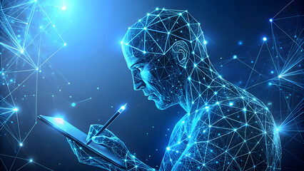 Abstract Digital Writer Brainstorming Ideas Against Creative Blue Background. Perfect for: National Novel Writing Month, World Creativity and Innovation Day, International Literacy Day.