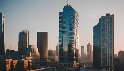 Naklejka premium Morning city center with many high-rise buildings. Downtown