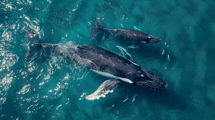 Naklejka premium Humpback whale and calf aerial drone shot sleeping on the surface of the ocean in Australia, New South Wales