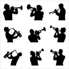 A collection of silhouettes of musicians blowing trumpets