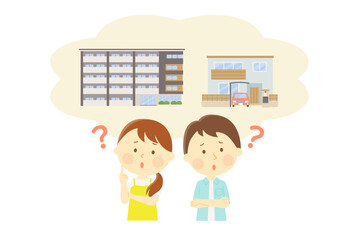 マンションか戸建てか悩む若い夫婦のイラスト
