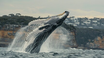 Fototapeta premium Humpback whale jumping out of the water in Australia. The whale is spraying water and ready to fall on its back