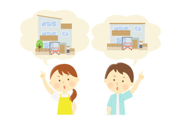 三階建てに住みたい妻と二階建てに住みたい夫のイラスト