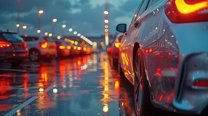 Cars parked neatly on the city street at sunset