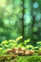 Fototapeta premium Sunlight illuminates a group of pistachio nuts resting on lush green moss emphasizing their freshness