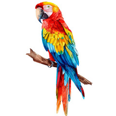 Fototapeta premium Colorful parrot watercolor illustration perched on a branch. Vibrant bird artwork with red, yellow, and blue feathers. Exotic wildlife scene.