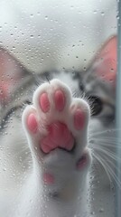 Fototapeta premium Close-up of a cat's paw against a window pane dotted with raindrops, emphasizing texture