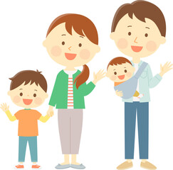 笑顔で手を振る4人家族のイラスト