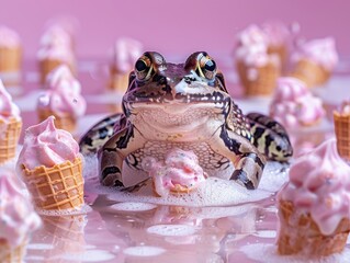 A whimsical scene unfolds, a levitating frog amidst floating ice cream cones on a pastel colored backdrop