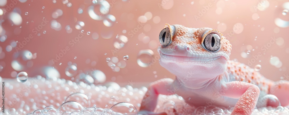 Aufkleber a mesmerizing scene unfolds with a gecko floating amidst salmon bits on a soft pastel backdrop