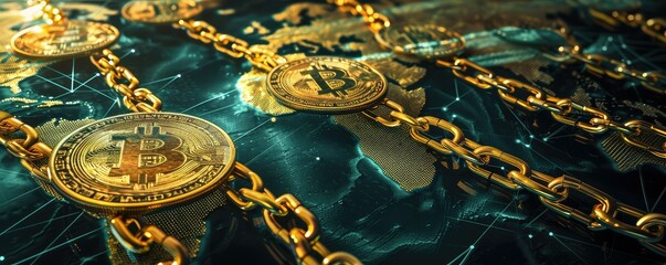 Blockchain network concept with Bitcoin coins