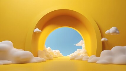 Stylized sunny sky with concentric yellow arches and clouds