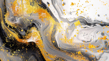Produce an AI illustration featuring intricate marble ink textures mixed with golden yellow glitter...