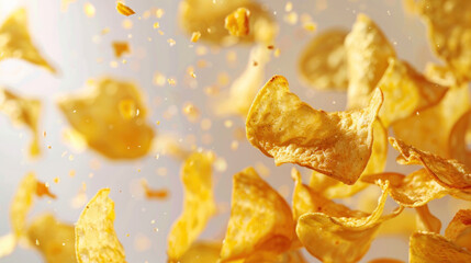 Golden corn chips cascade gracefully, each one a crunchy delight waiting to be savored. Their warm hue contrasts vividly with the purity of the background.