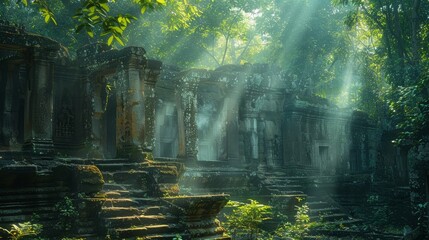 Sunlit ruins in a lush forest, close-up view highlighting the mystical ambiance and the interplay of light and shadow