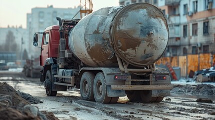 Sharp macro shot of a well-used cement mixer truck, stationed at an industrial building site, capturing its enduring strength