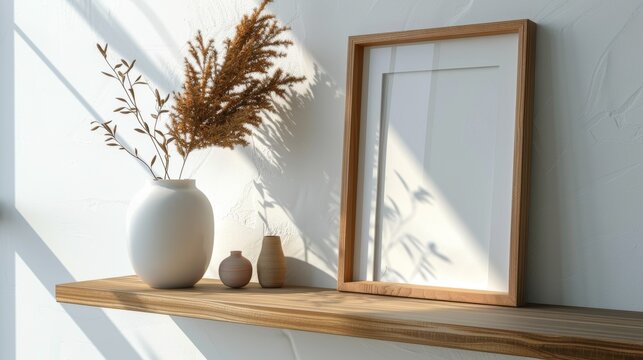 Sharp close-up of a customized picture frame mockup, set on a contemporary shelf, displaying geometric precision with a raw finish