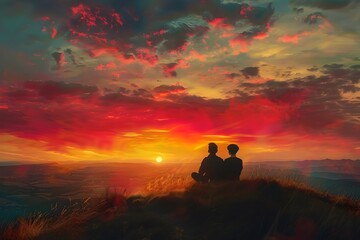 Couple Admiring Vibrant Sunset on Scenic Hilltop Overlook