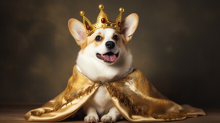 wearing costume pretty dog corgi crown space copy background white cute royal animal royals king queen mantle puppy cardigan welsh pet funny wear gold decorated stone ermine adorab