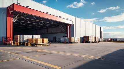 Fototapeta premium warehouse industrial large building exterior dock ramp entry gate delivering facility business new export shipping load trailer storehouse parking dropped commercial entrance enter