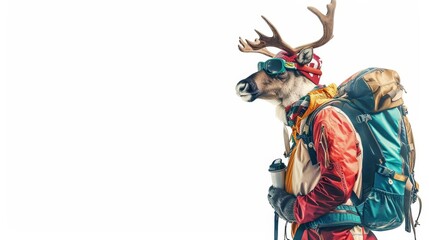 Fototapeta premium A caribou dressed as a mountaineer, with climbing gear and a backpack, on a solid white background with copy space