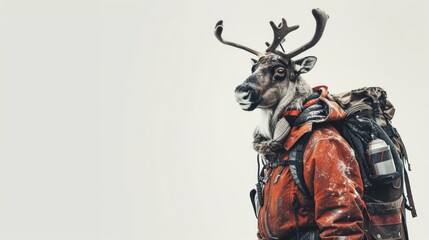 A caribou dressed as a mountaineer, with climbing gear and a backpack, on a solid white background with copy space
