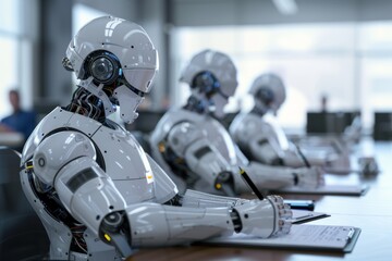 A row of humanoid robots with intricate mechanical details seated at desks, engaged in writing and editing tasks.