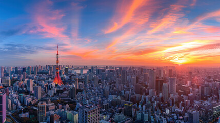 Fototapeta premium At sunset, Tokyo City reveals its stunning skyline from a high vantage point, with the warm glow of the sun casting a serene light over the bustling metropolis of Japan.