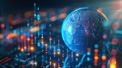 Fototapeta premium a digital earth globe surrounded in the style of glowing data points and charts, representing global business, tech or world news.