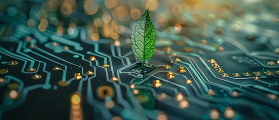 A fresh green leaf growing out of a circuit board, symbolizing the concept of green technology Closeup