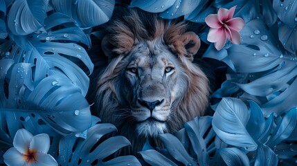 Lion in the jungle, with tropical leaves and flowers. Wild nature outdoor background.