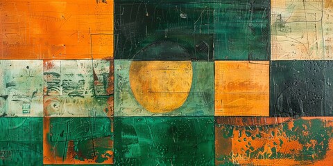 ankara artwork with large squares, thick lines, low detail, green, orange tones,aspect ratio 2:1, for fabric texture