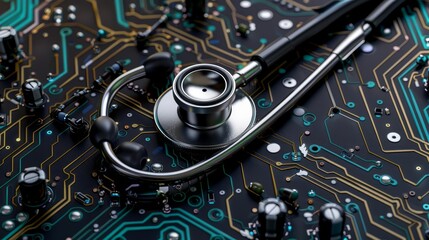 A futuristic stethoscope integrated with digital circuits on a black circuit board background Closeup