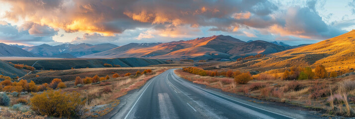 Asphalt highway meanders amidst breathtaking mountain landscapes. The panoramic vista exudes tranquility and splendor.