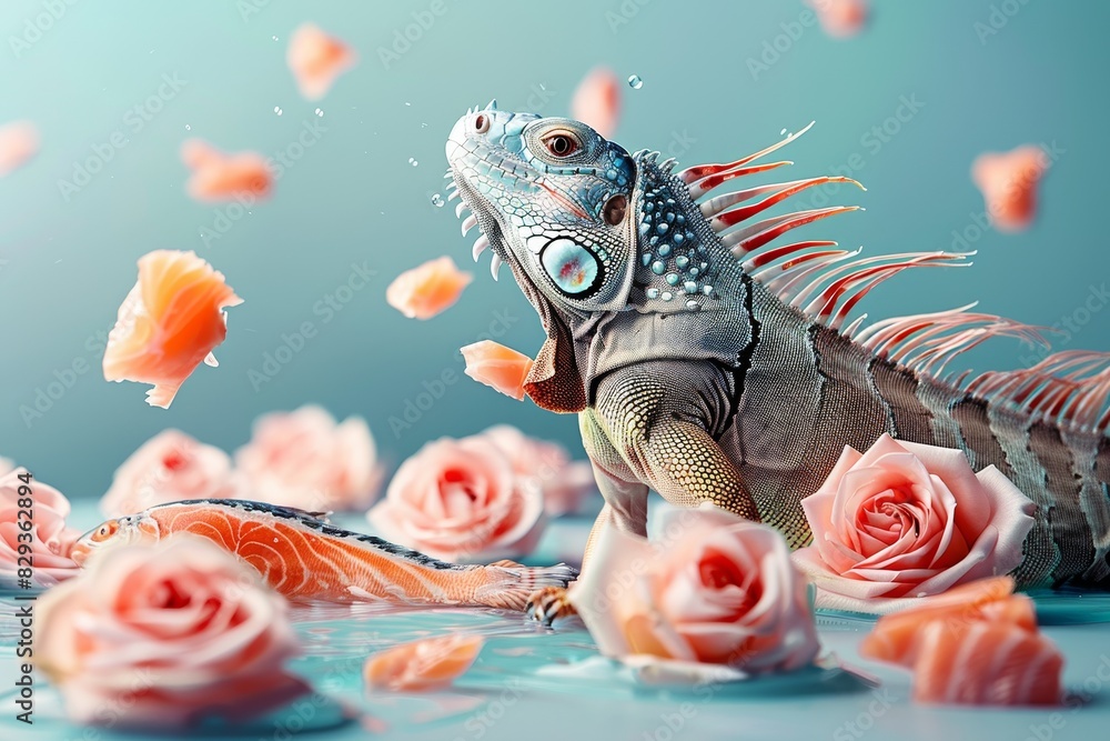 Poster an ethereal scene unfolds with a levitating iguana, encircled by floating orange slices in a pastel 