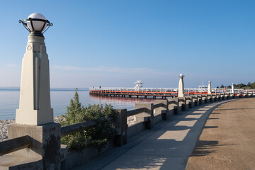 Beautiful scenery at Geelong's waterfront with a pedestrian walkway and enclosed sea baths in the...
