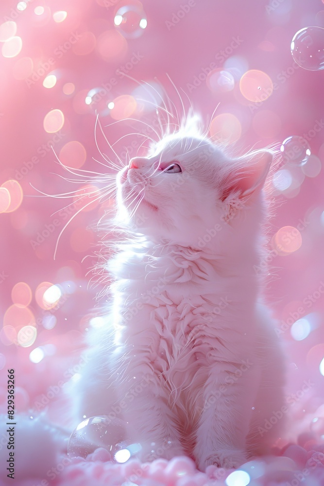 Poster levitating kitten with floating ice cream cones on pastel background creates a whimsical scene