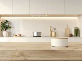 Fototapeta premium Wooden table top view for product montage over blurred kitchen interior background highlighting a minimalist style with smooth surfaces, monochromatic color scheme, and hidden storage spaces