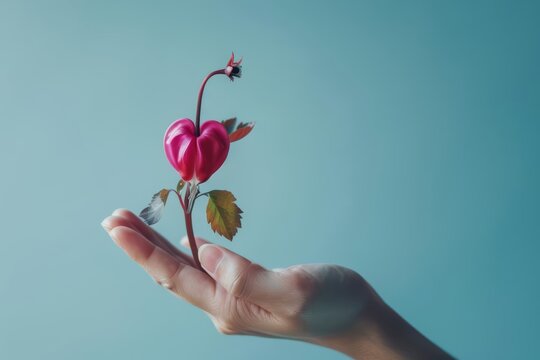 A human hand holding a bleeding heart flower against a solid color backdrop with copy space