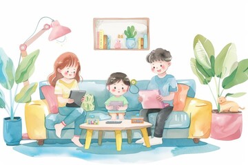 A kawaii watercolor of a family using electronics, interacting with smart home devices in a futuristic, techsavvy living room, Clipart isolated on white