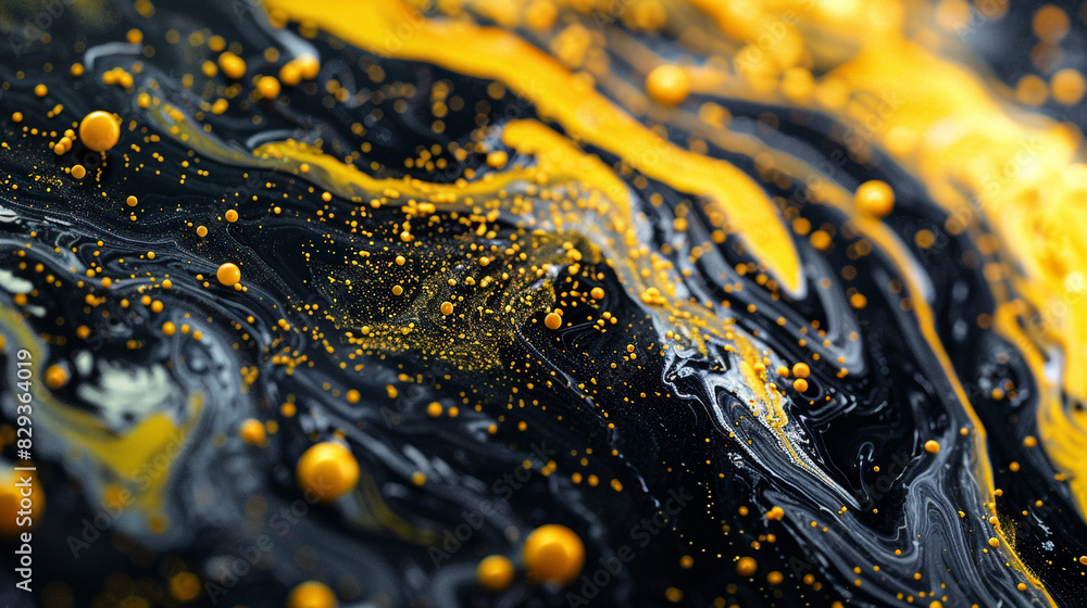 Wall mural Produce an AI visualization of a macro shot of marble ink abstract background with dazzling lemon yellow particles. - Wall murals