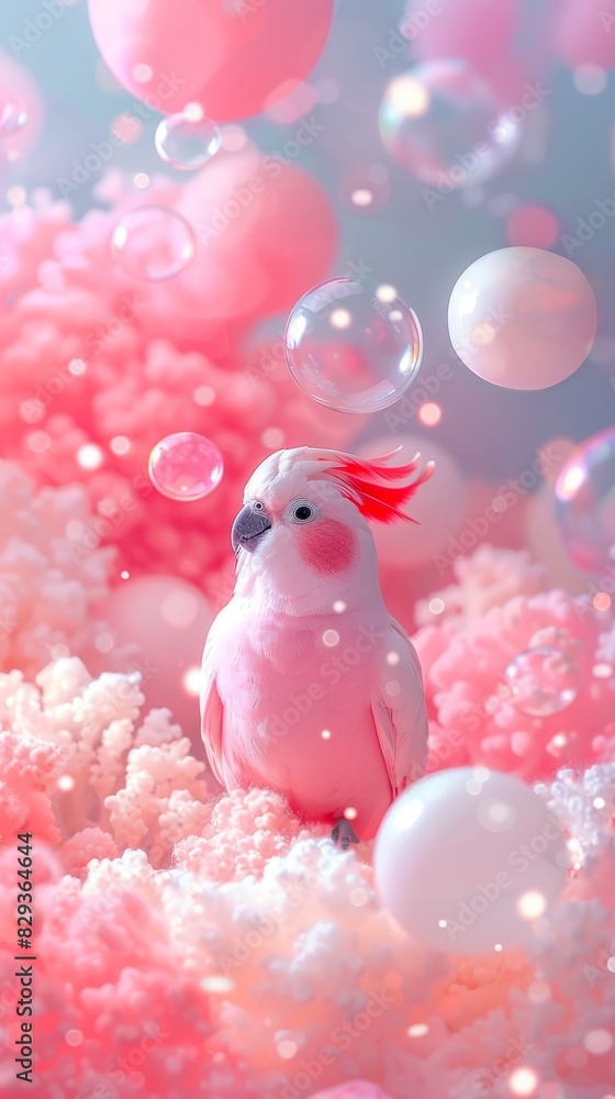 Poster a serene scene unfolds with a parakeet floating amidst shimmering bubbles on a soft pastel backdrop