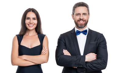 Valentines day. Elegantly dressed couple. Formal man and woman. Couple is posing. Elegant couple in formal wear isolated on white. Woman and man at occasion date. Romantic love. Fashionable partners