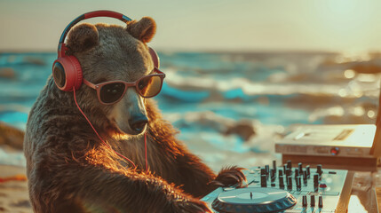 Beach Sunset Bear DJ Mixing Tracks with Headphones