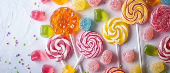 Overhead close-up of multicolored lollipops, assorted gummy jellies, and candies, on a clean background with soft studio lighting