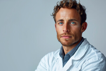 Obraz premium Portrait of a young male doctor or scientific worker in white coat on a gray background.