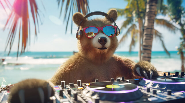 Bear DJ with Pink Sunglasses Mixing Music by the Sea