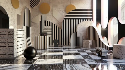Innovative geometric room with unique shapes and striking patterns, ideal for showcasing products in a contemporary setting